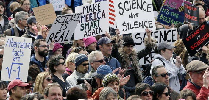 Members of the scientific community, environmental advocates, and supporters demonstrate Sunday, Feb. 19, 2017, in Boston, to call attention to what they say are the increasing threats to science and scientific research under the administration of President Donald Trump. (AP Photo/Steven Senne)/MASR104/17050679740953/1702192022